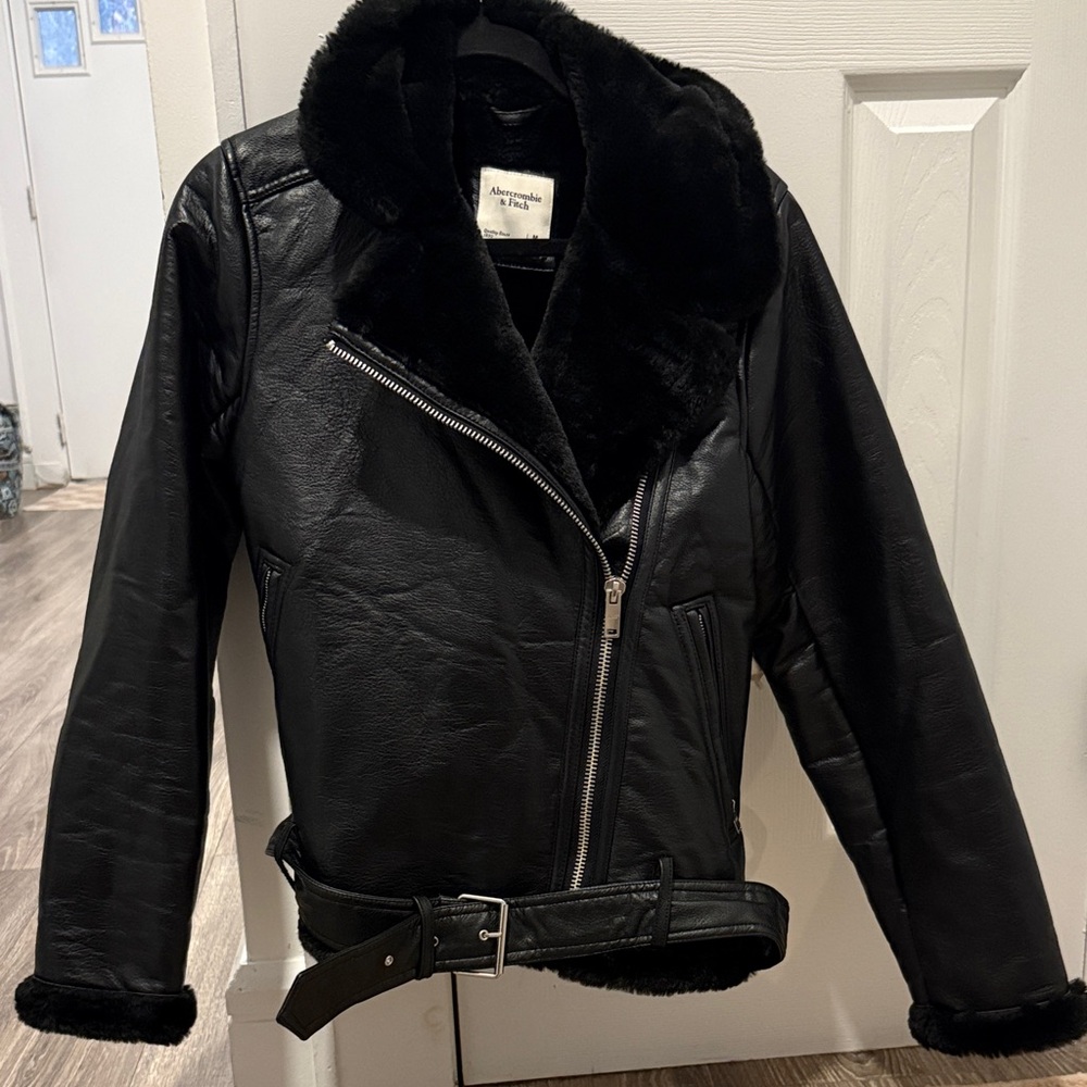 Abercrombie & Fitch Black Leather Jacket with Fur Collar